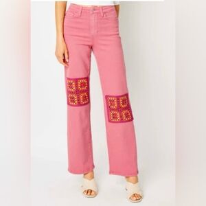 High-Rise Pink Wide-Leg Jeans with Crochet Knee Panels